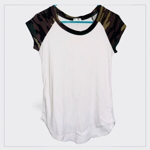 Orange Kiss White Stretchy Babseball Tee W/ Camo Sleeves